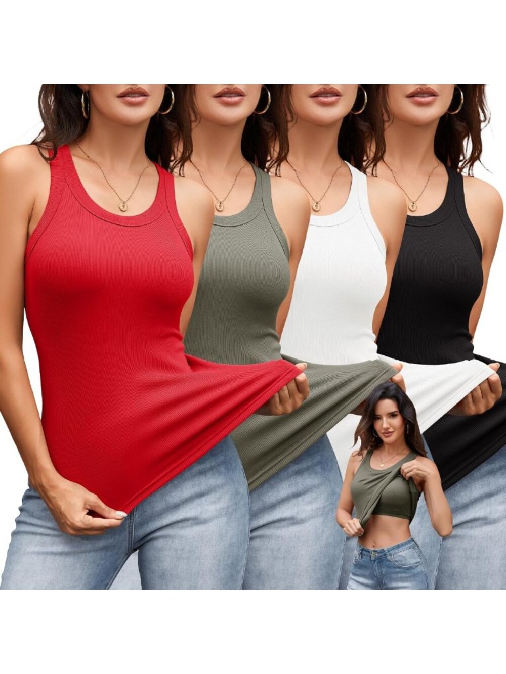 4 Pack Women's Ribbed Racerback Tank Tops with Built-In Bras - Stylish & Comfy
